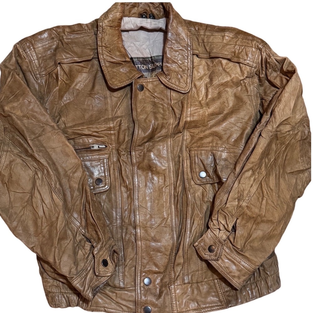 Vintage 90s Cotton Supply Co Aviation Mission Crinkle Leather Bomber Jacket